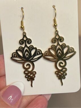 Gold Tone Lotus Flower Unalome Dangle Earrings Spiritual Boho